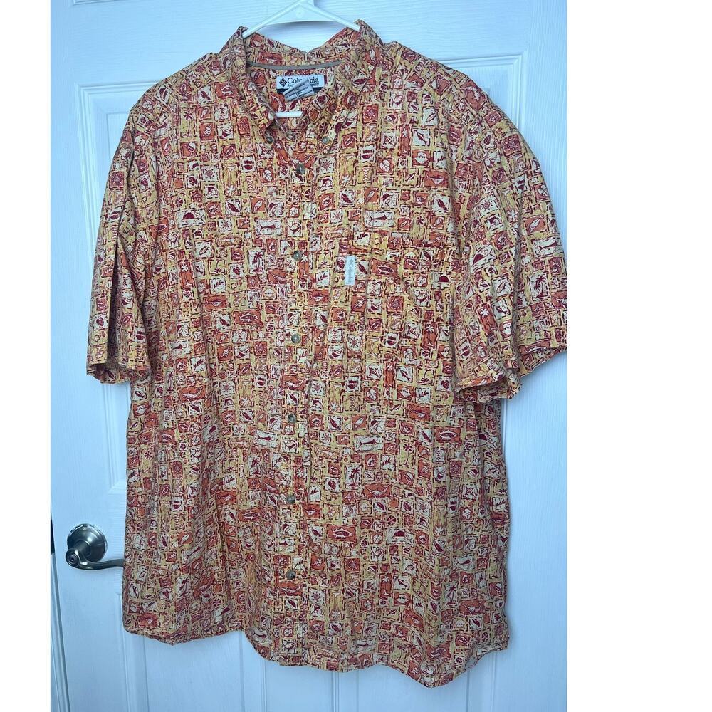 Columbia Button Up Short Sleeve Chest Pocket Orange Yellow Fish Size XXL